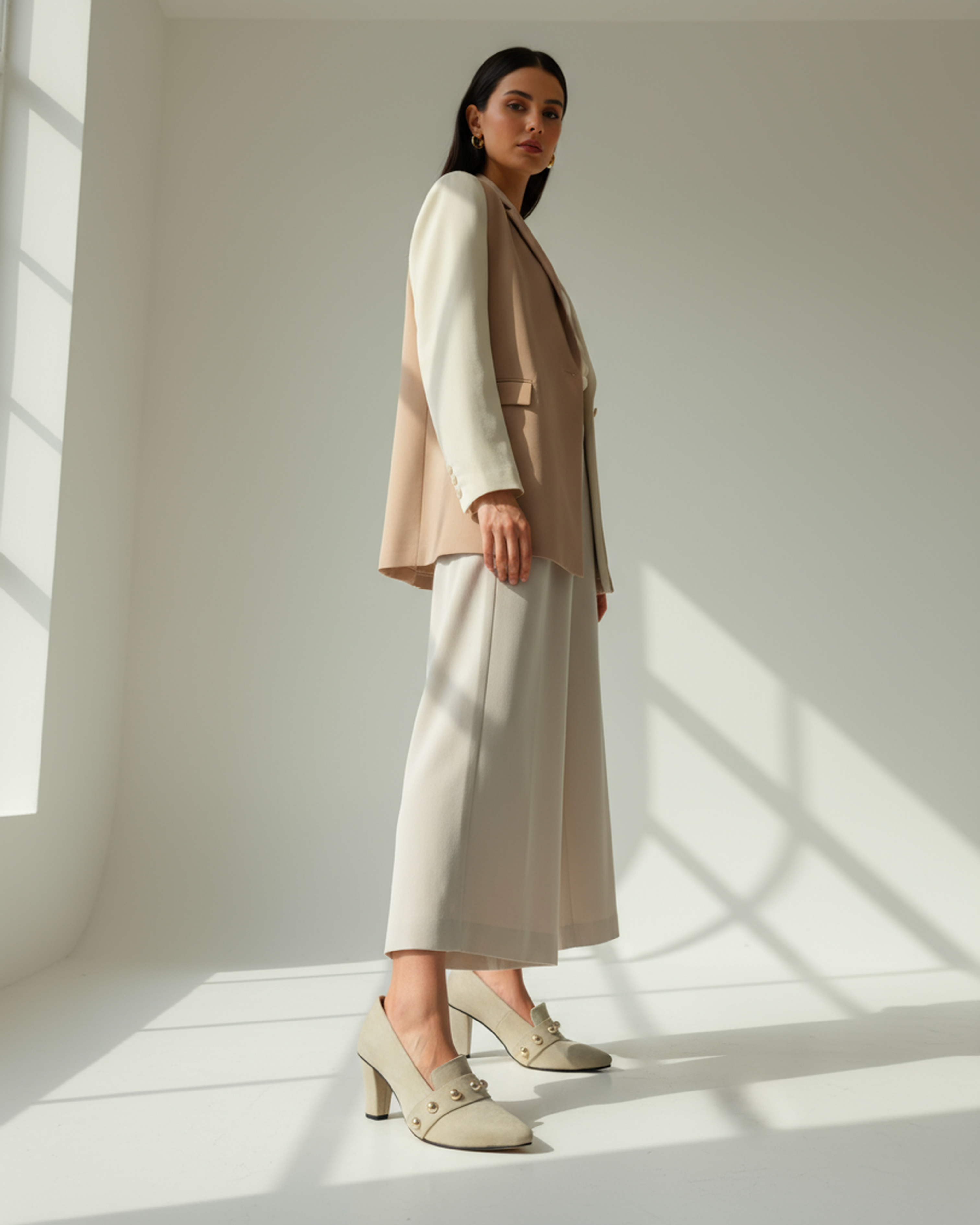 The Elara Studded Block Heel - Beige