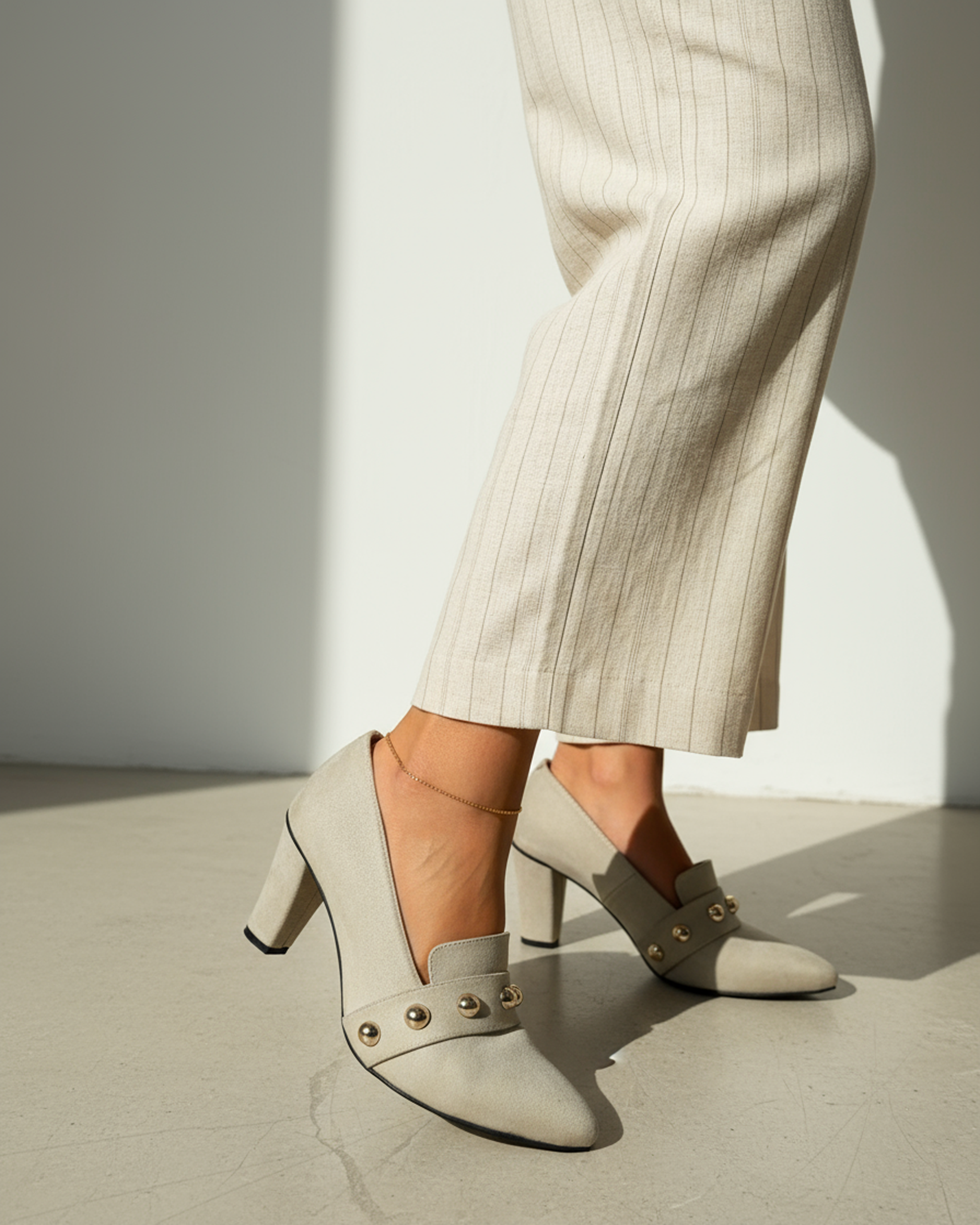 The Elara Studded Block Heel - Beige
