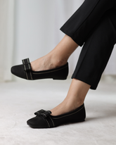 Black Velour Bow Flats