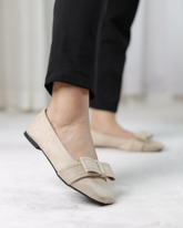 Beige Velour Bow Flats
