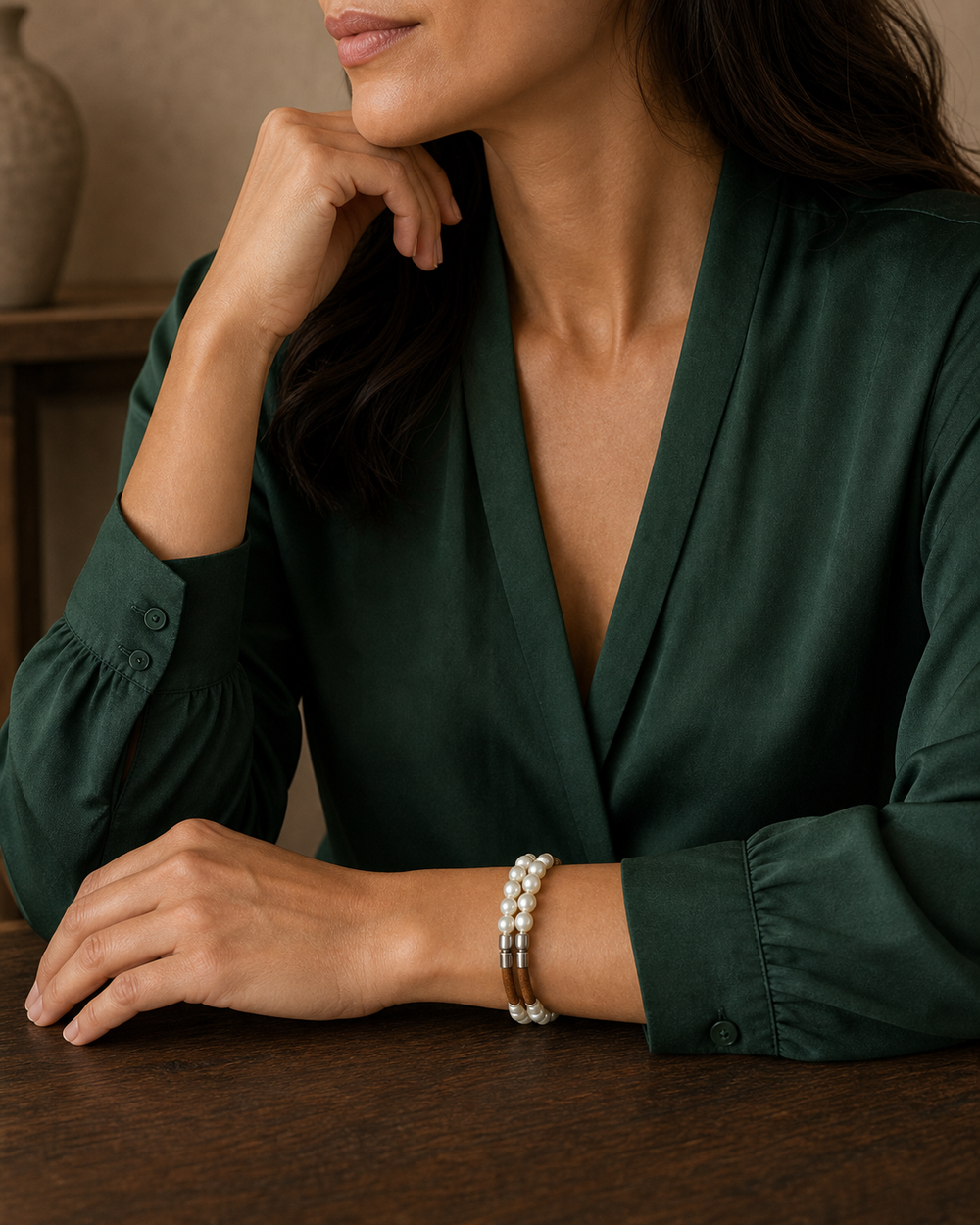 Tabletop lifestyle portrait featuring The Cognac Pearl Bracelet