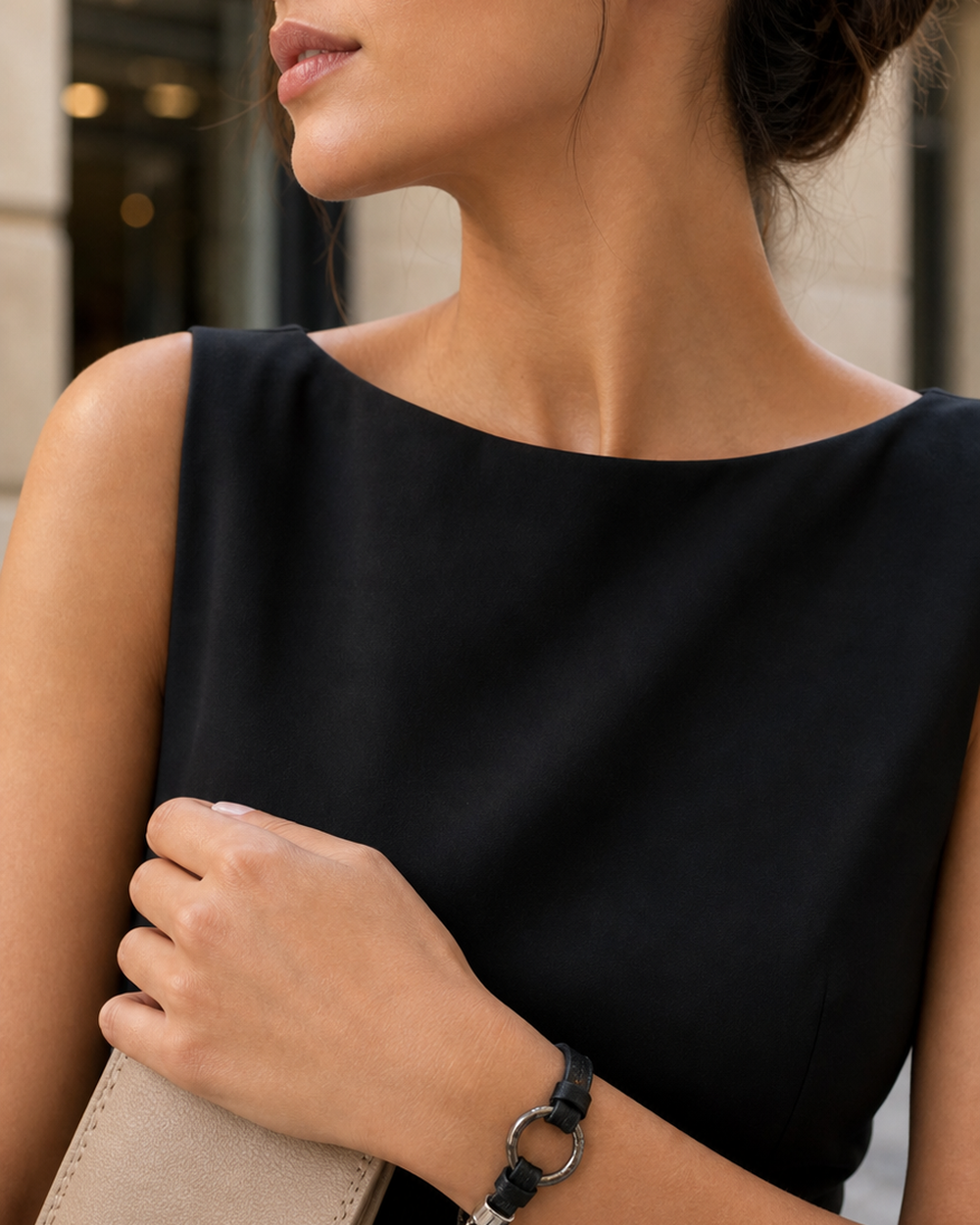 Outdoor lifestyle portrait featuring The Noir Loop Bracelet