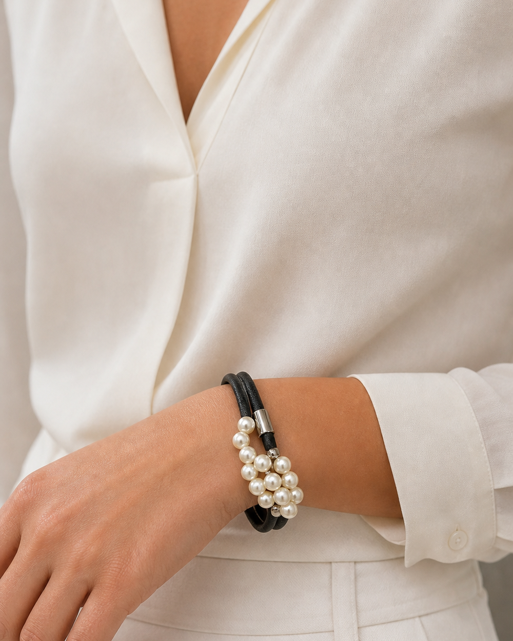The Noir Pearl Bracelet worn by a woman in a studio wrist portrait