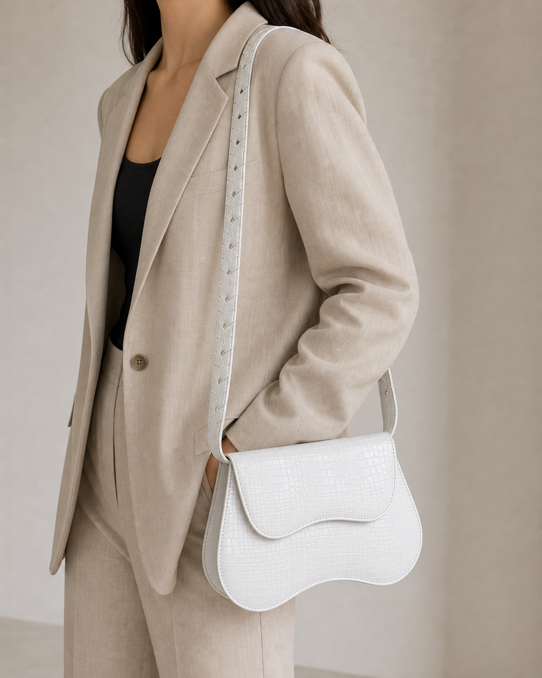 Velora white croc saddle shoulder bag with proportional cutout strap - view 2