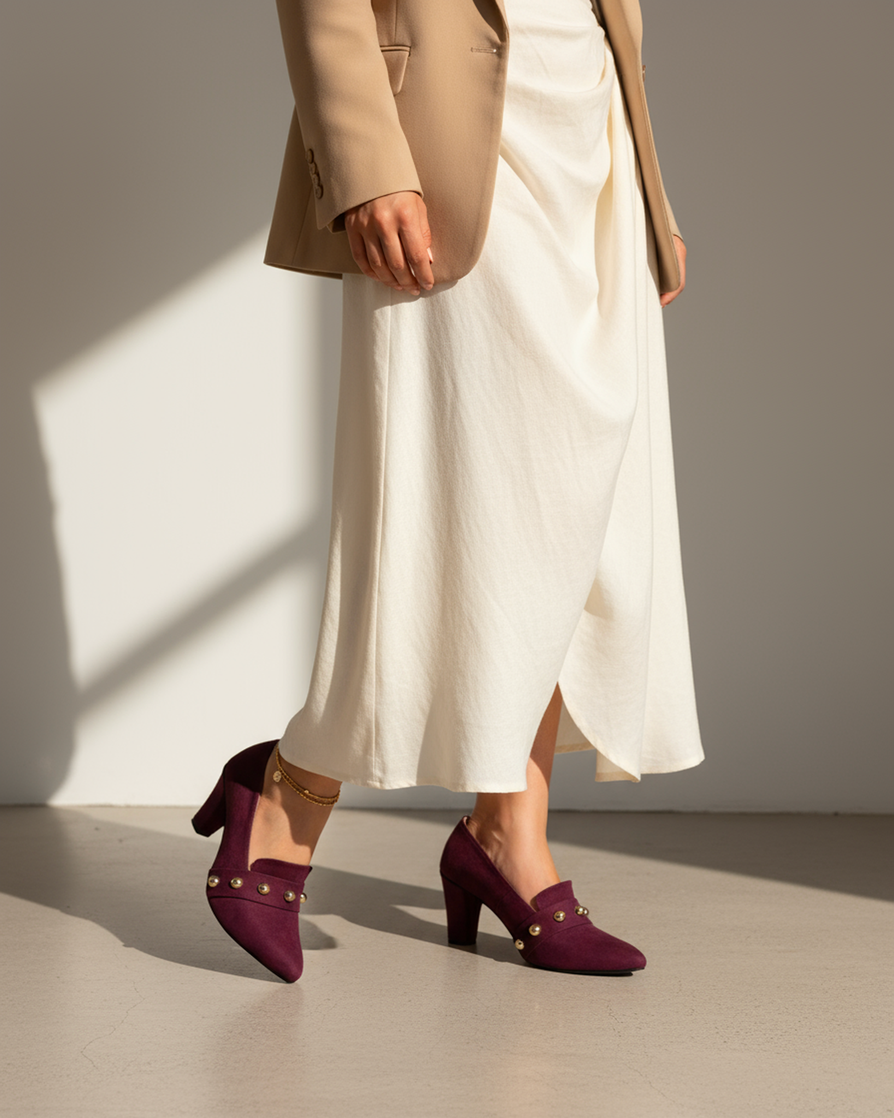 The Elara Studded Block Heel - Burgundy