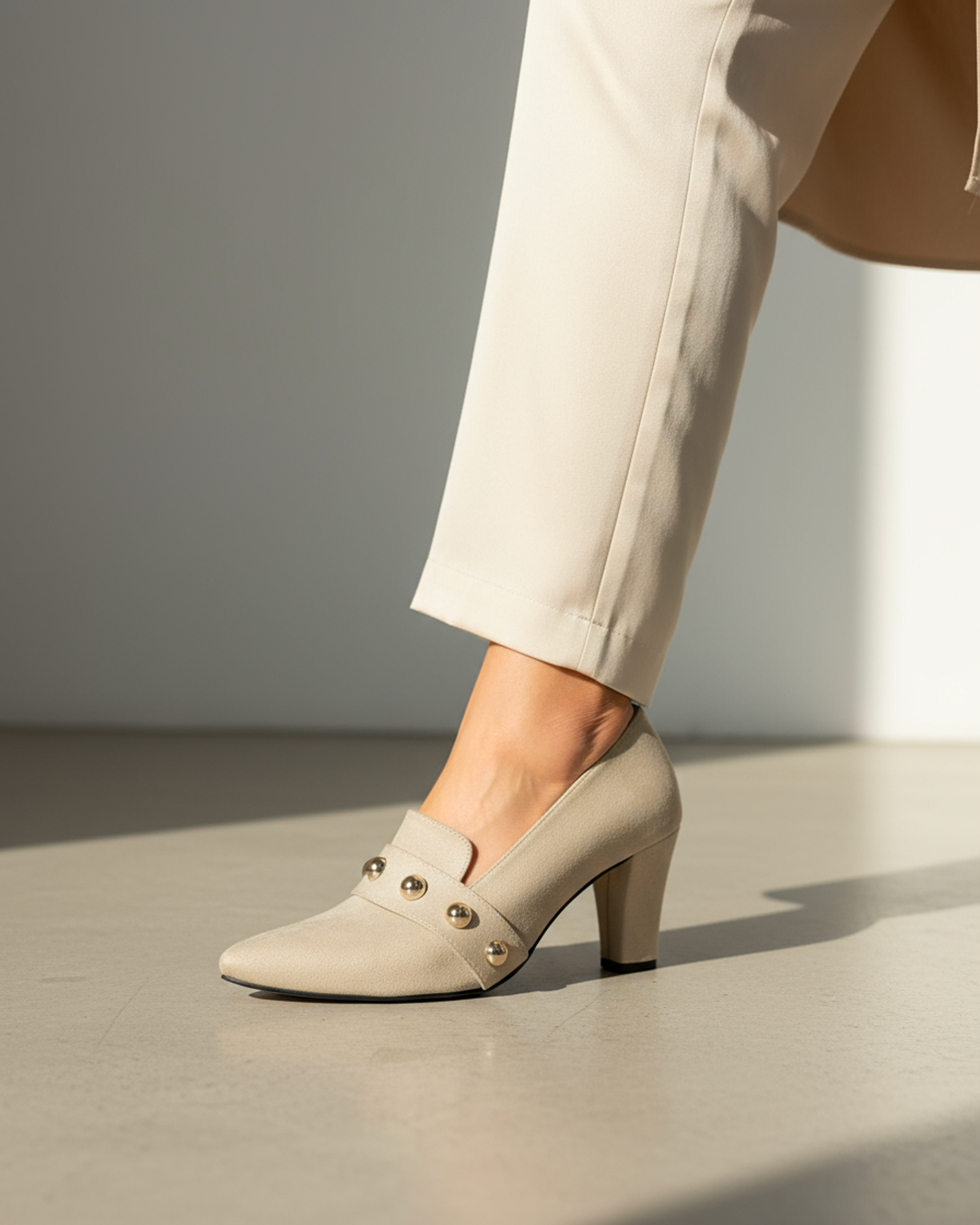 The Elara Studded Block Heel - Beige