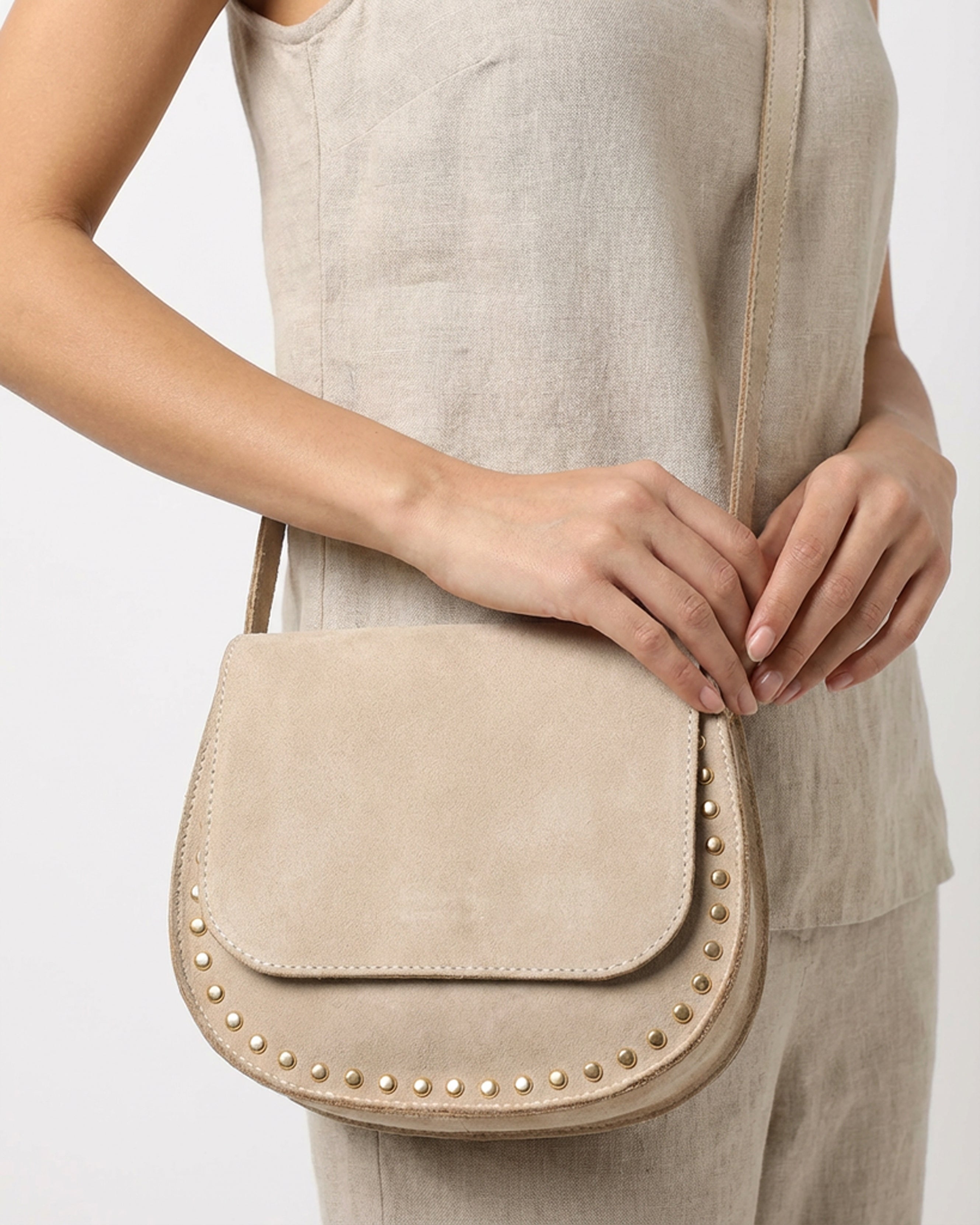The Valentina Suede Saddle Bag - Beige Main image