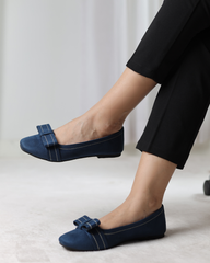 Navy Blue Velour Bow Flats