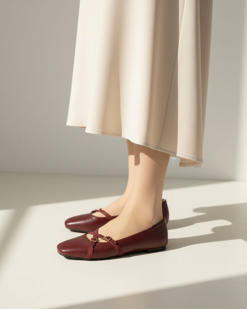 The Bianca Buckle Flat - Burgundy