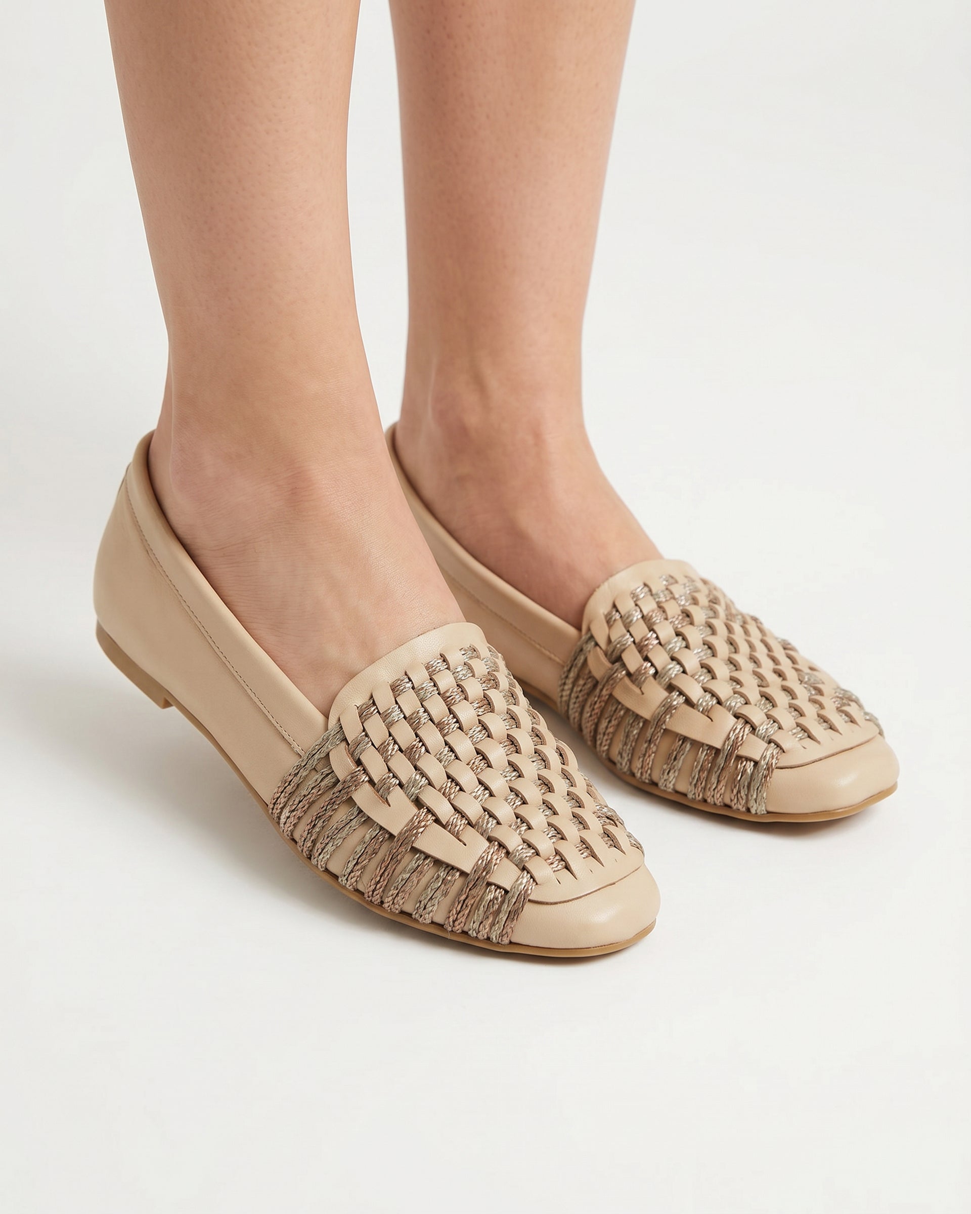 The Romy Woven Loafer - Beige faux leather woven slip-on flat 1