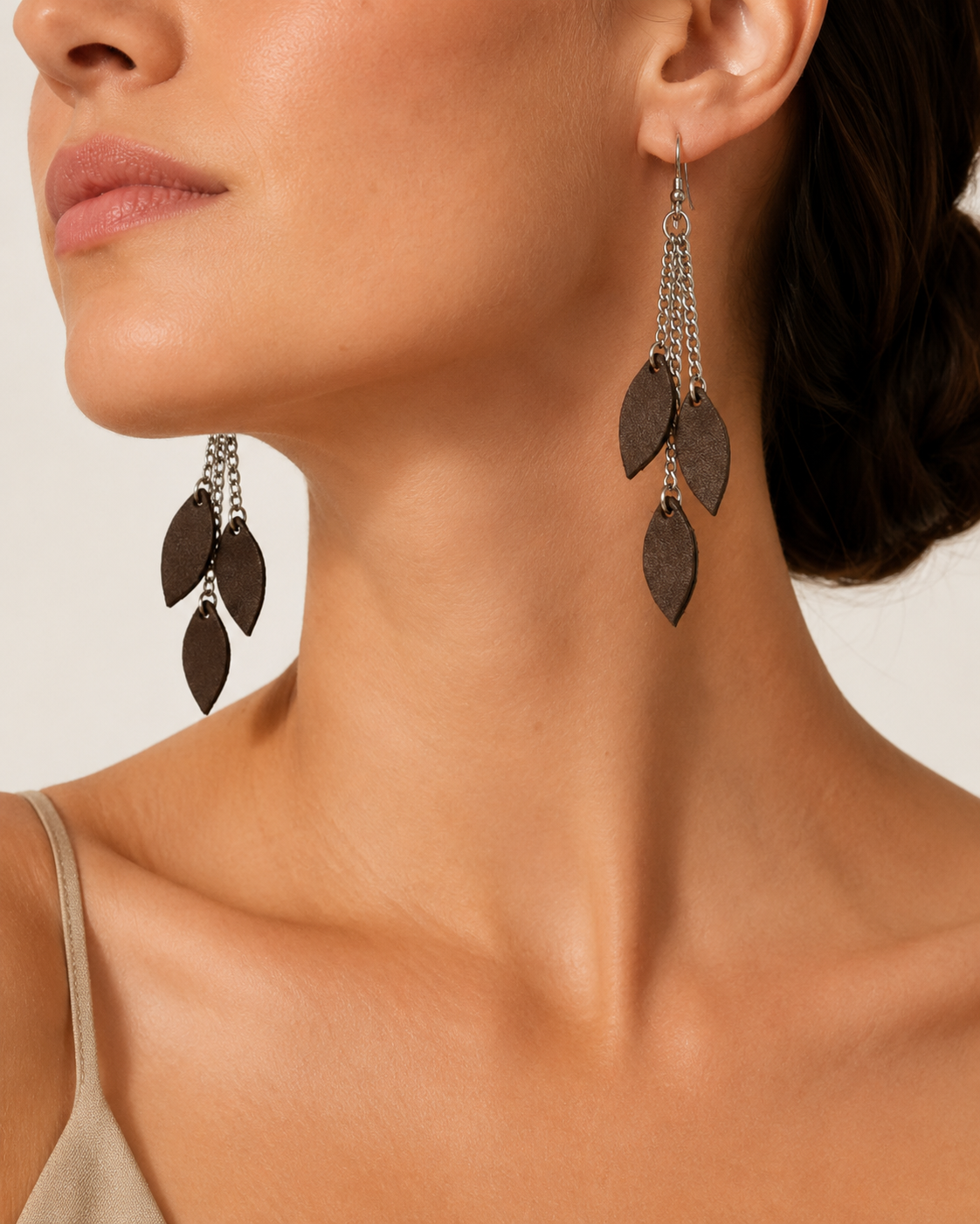Alba Earrings dark brown leather leaf drop earrings view 1