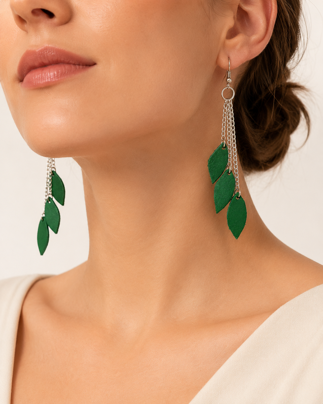 Jade Earrings green leather leaf drop earrings view 1