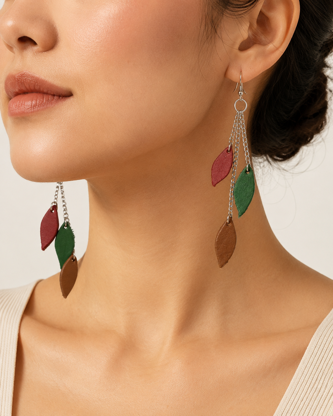 The Laurel Earrings multicolor leather leaf drop earrings view 1