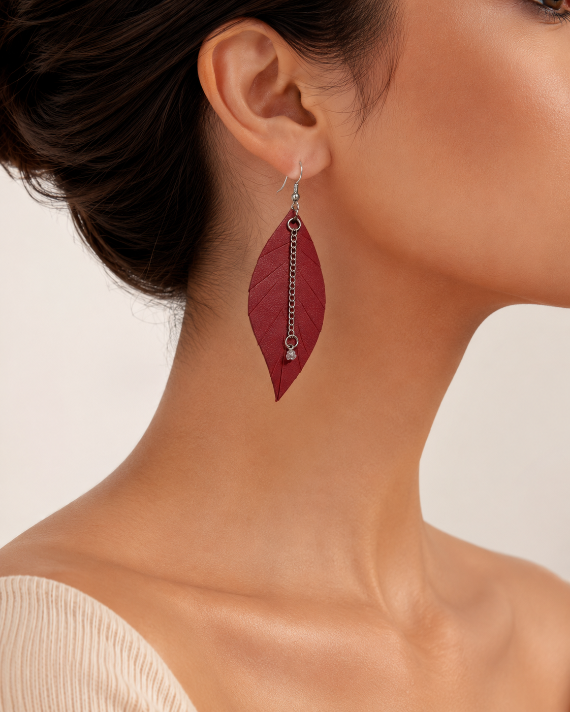 Forest Ripple Earrings burgundy ripple leaf drop earrings view 1