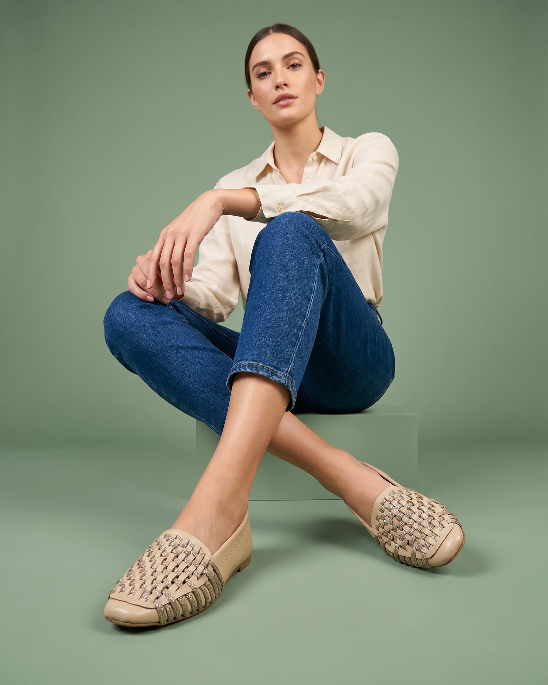 The Romy Woven Loafer - Beige faux leather woven slip-on flat 2
