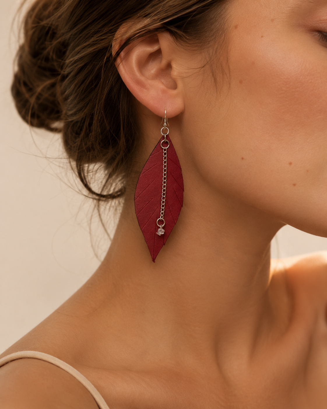 Forest Ripple Earrings burgundy ripple leaf drop earrings view 2