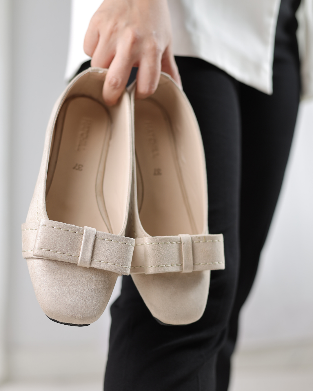Beige Velour Bow Flats