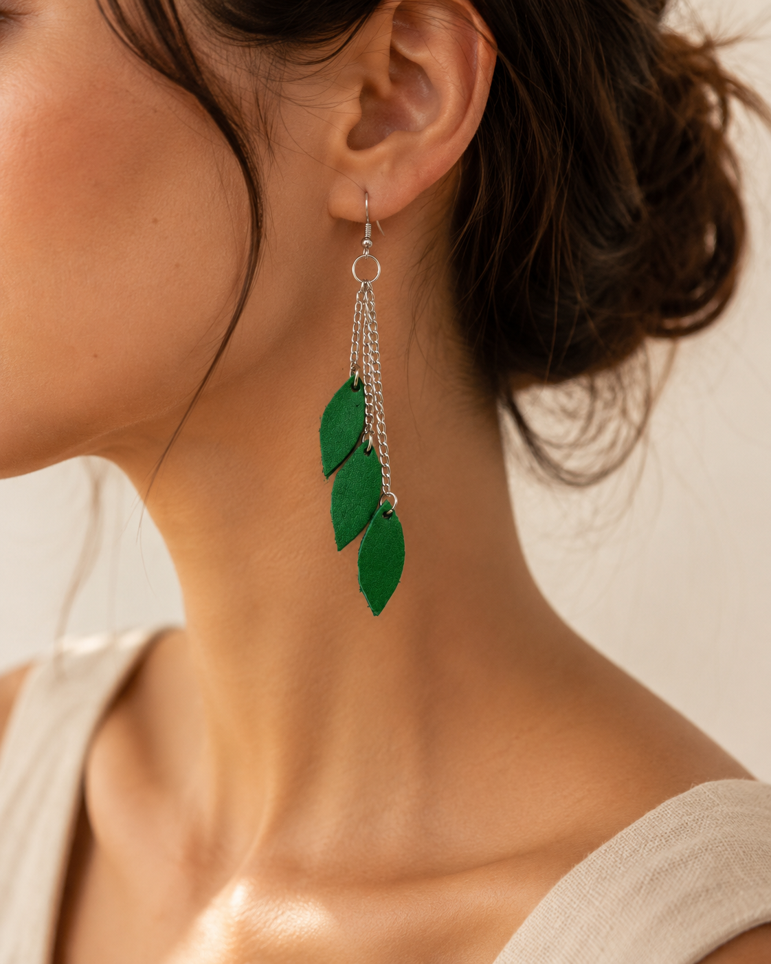 Jade Earrings green leather leaf drop earrings view 2