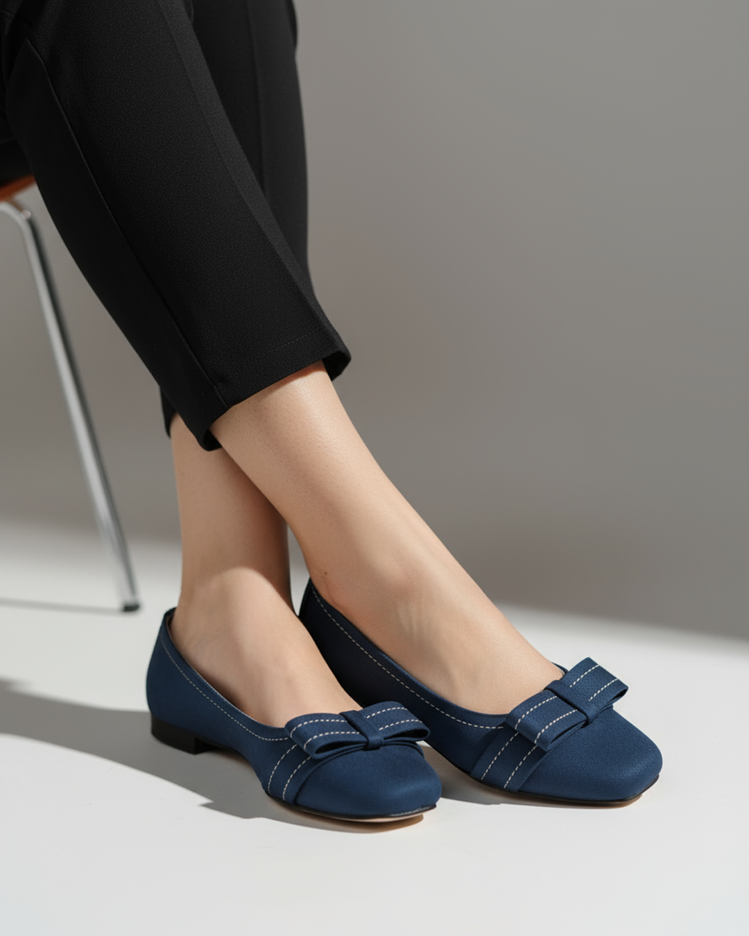 Navy Blue Velour Bow Flats