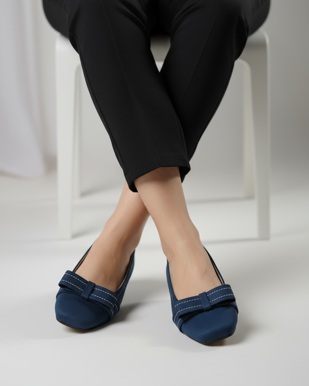 Navy Blue Velour Bow Flats
