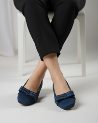 Navy Blue Velour Bow Flats