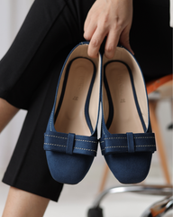 Navy Blue Velour Bow Flats
