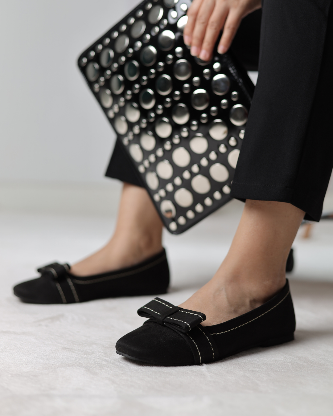 Black Velour Bow Flats