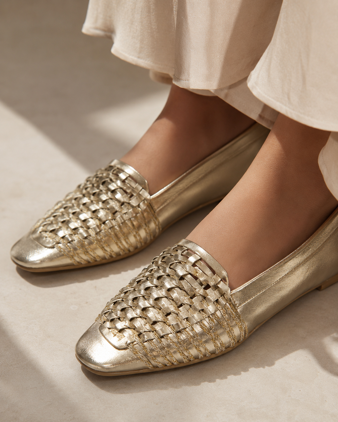 The Romy Woven Loafer - Gold metallic woven slip-on flats view 2