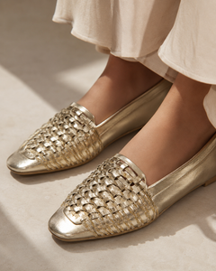 The Romy Woven Loafer - Gold metallic woven slip-on flats view 2