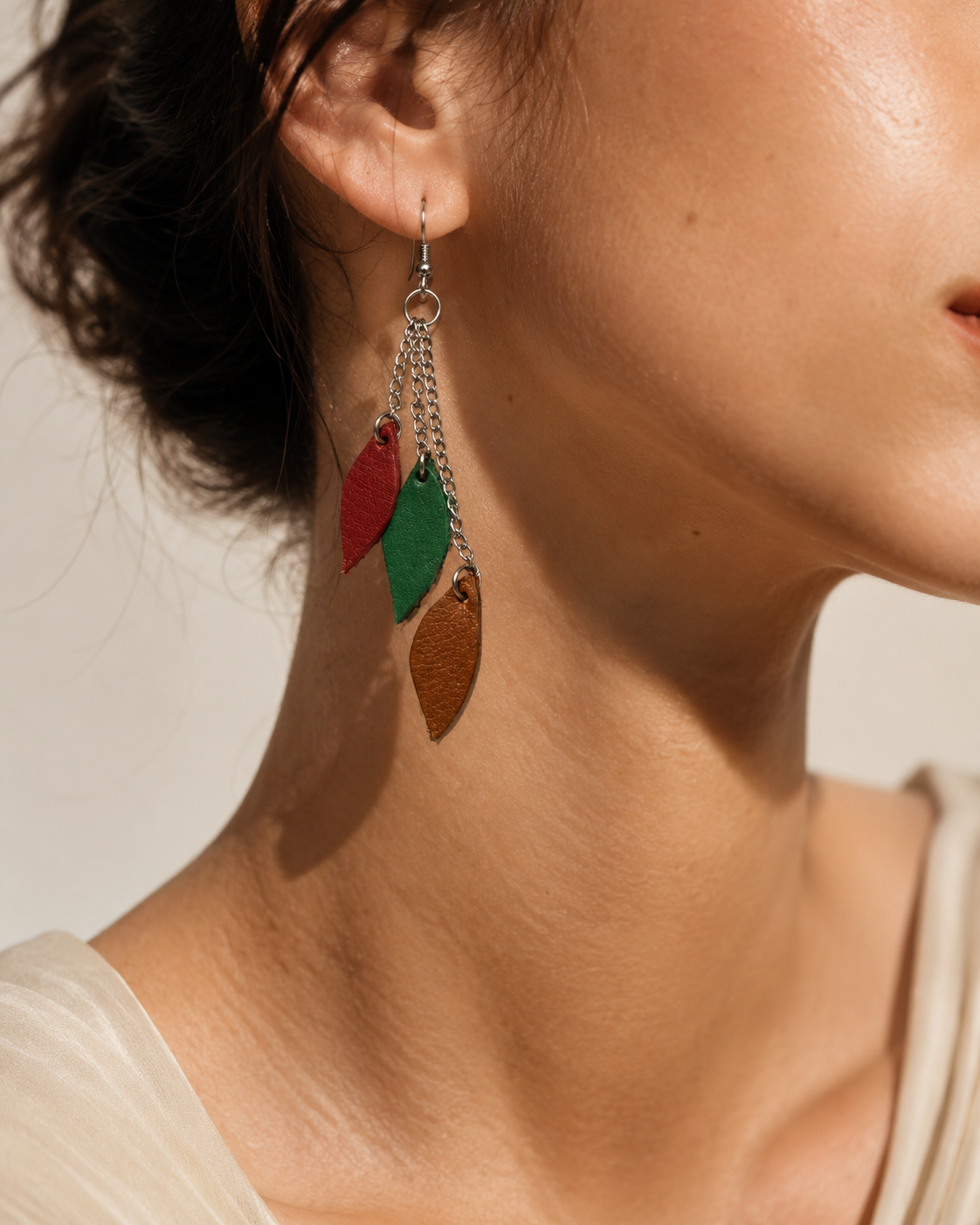 The Laurel Earrings multicolor leather leaf drop earrings view 2