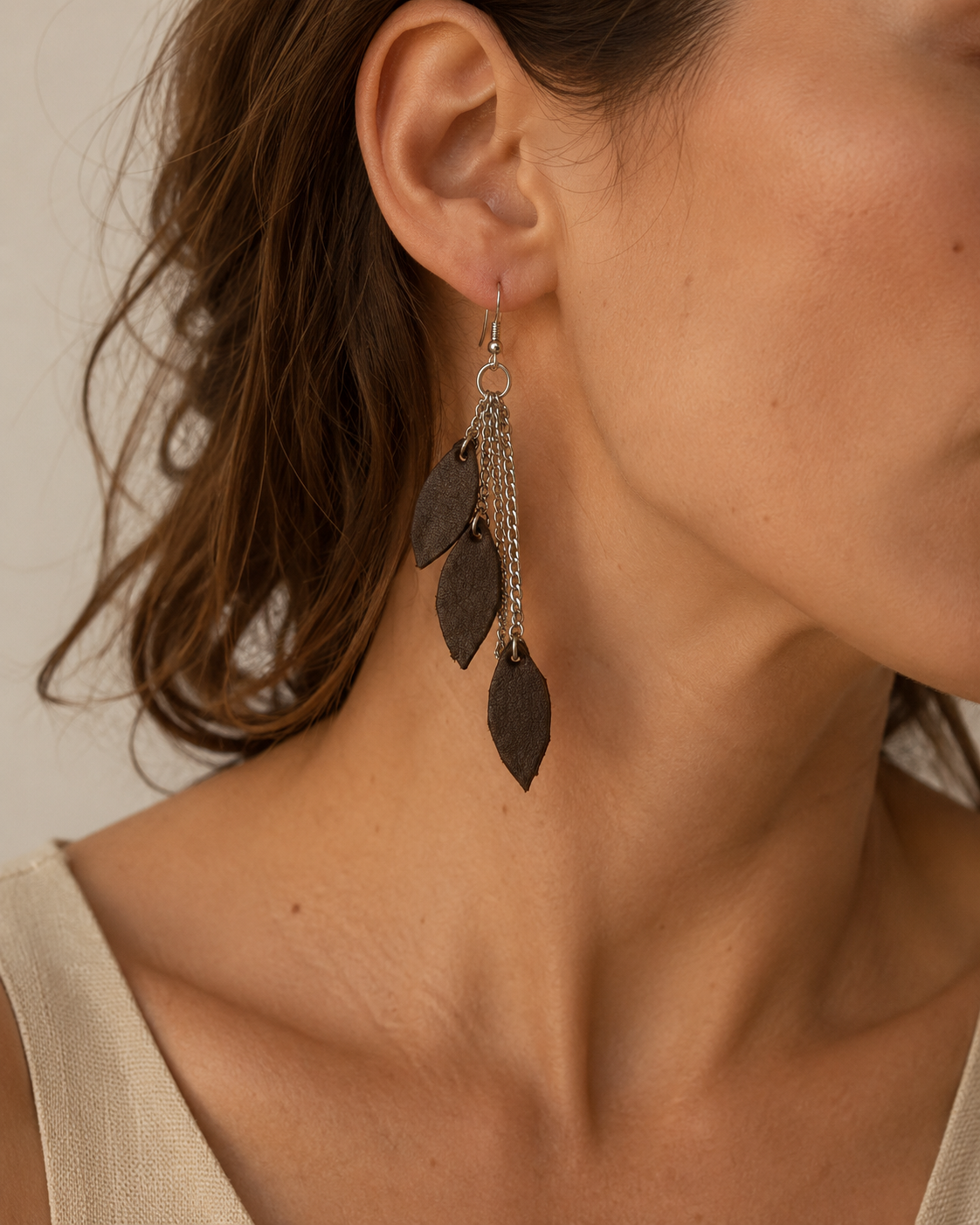 Alba Earrings dark brown leather leaf drop earrings view 2