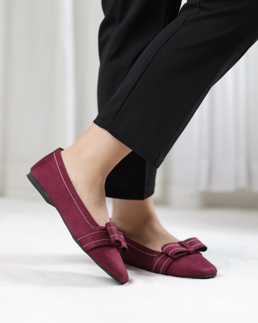 Burgundy Velour Bow Flats