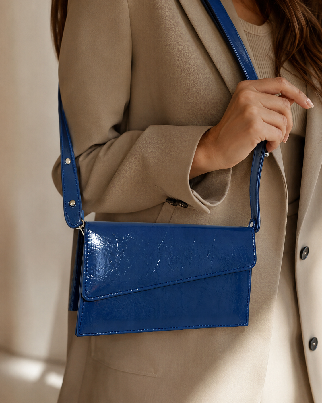 The Celine - Navy Blue glossy navy blue crackled shoulder bag view 1
