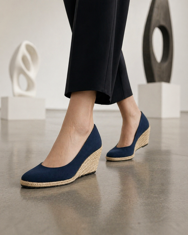 The Mara Wedge - Navy Blue faux suede espadrille heel in Navy Blue - product view 3