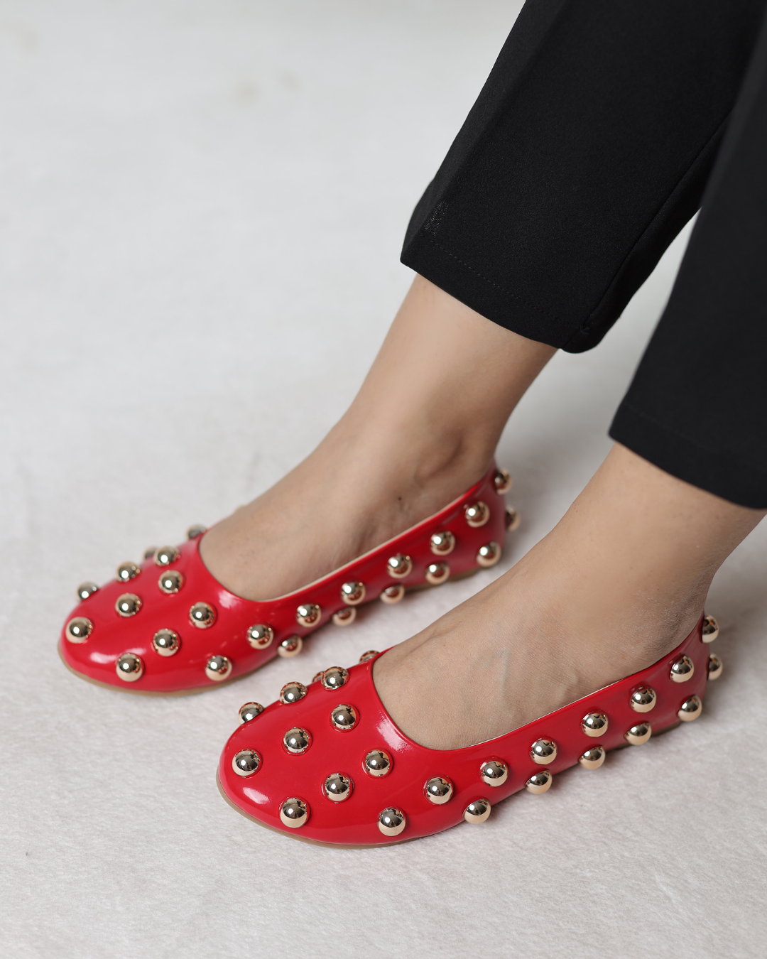 Studded Rebel Flats red patent flats with metallic studs - product view 3