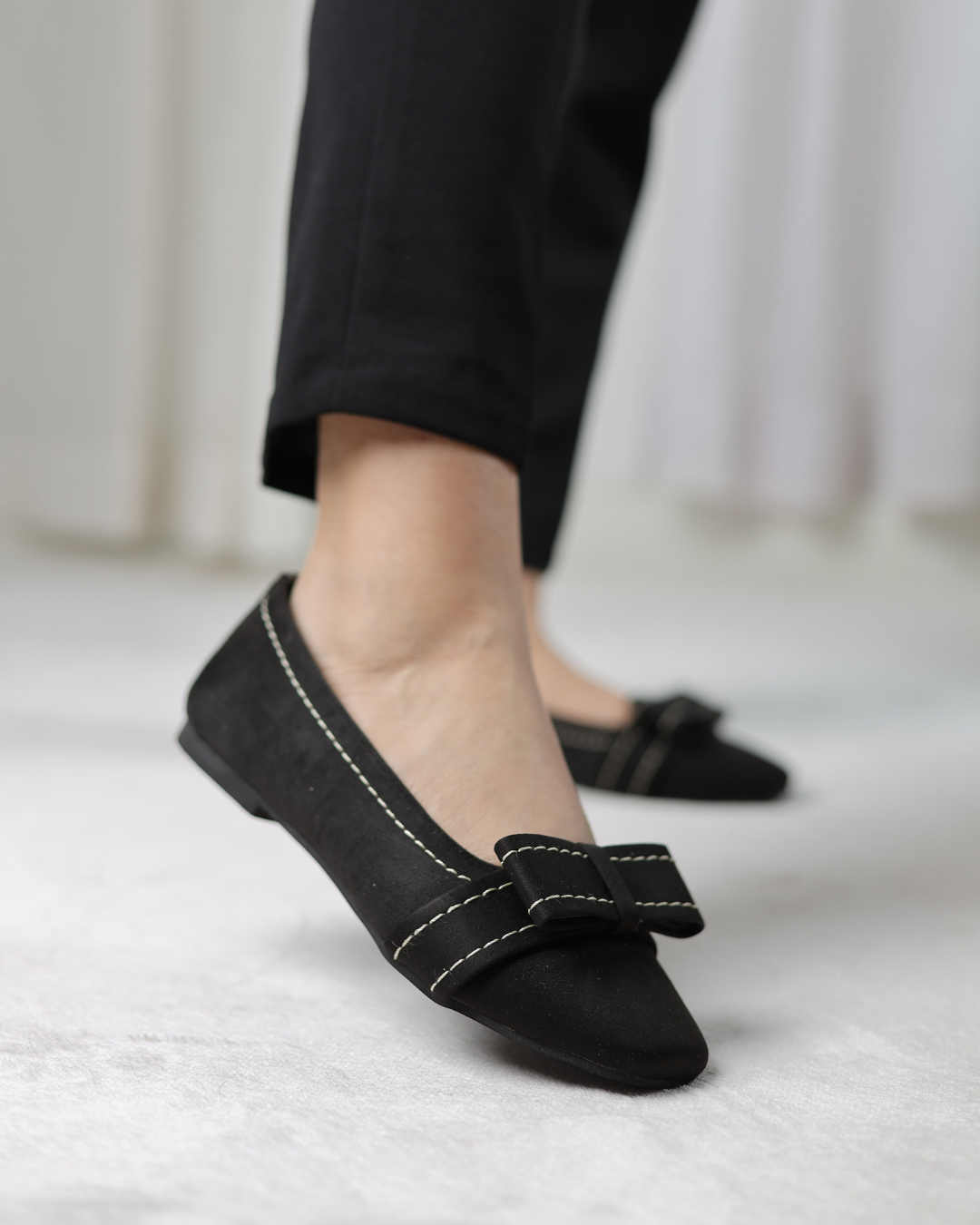 Black Velour Bow Flats