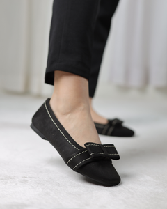 Black Velour Bow Flats