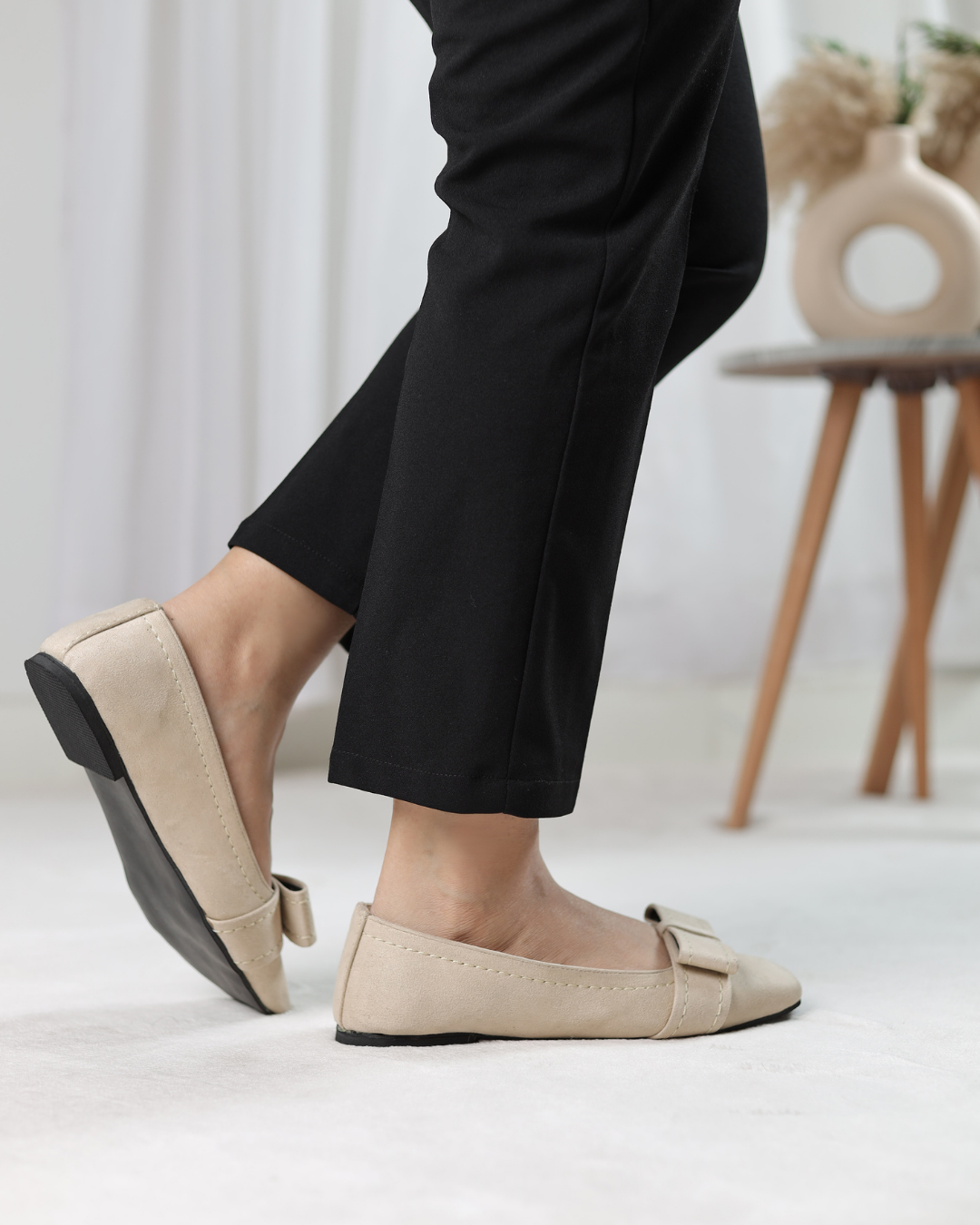 Beige Velour Bow Flats