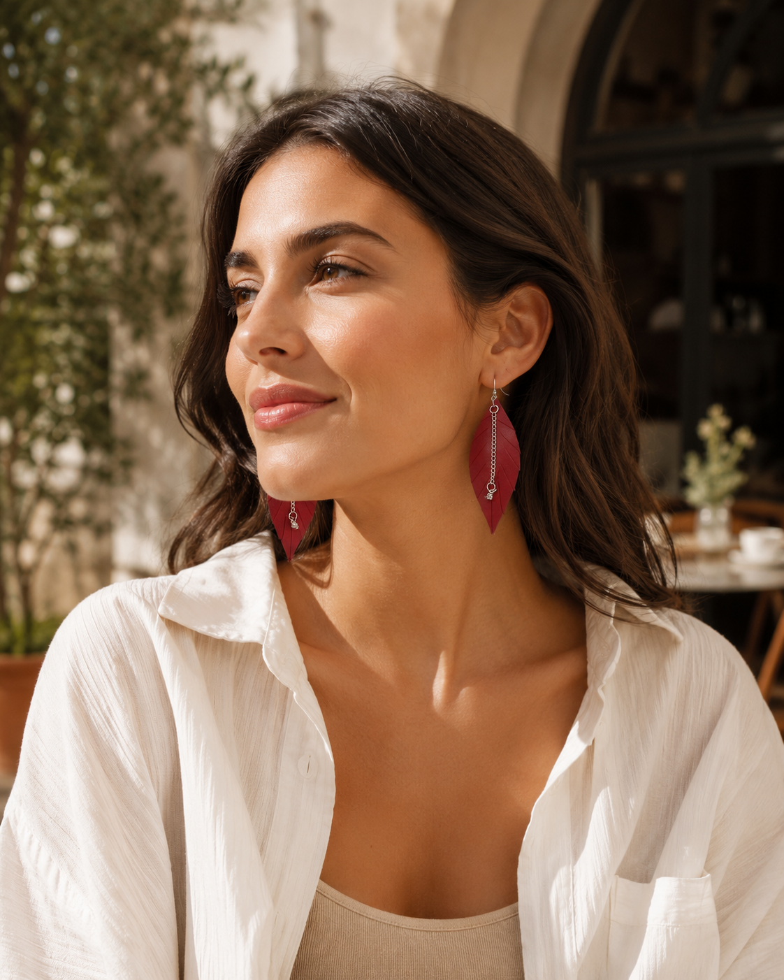 Forest Ripple Earrings burgundy ripple leaf drop earrings view 3