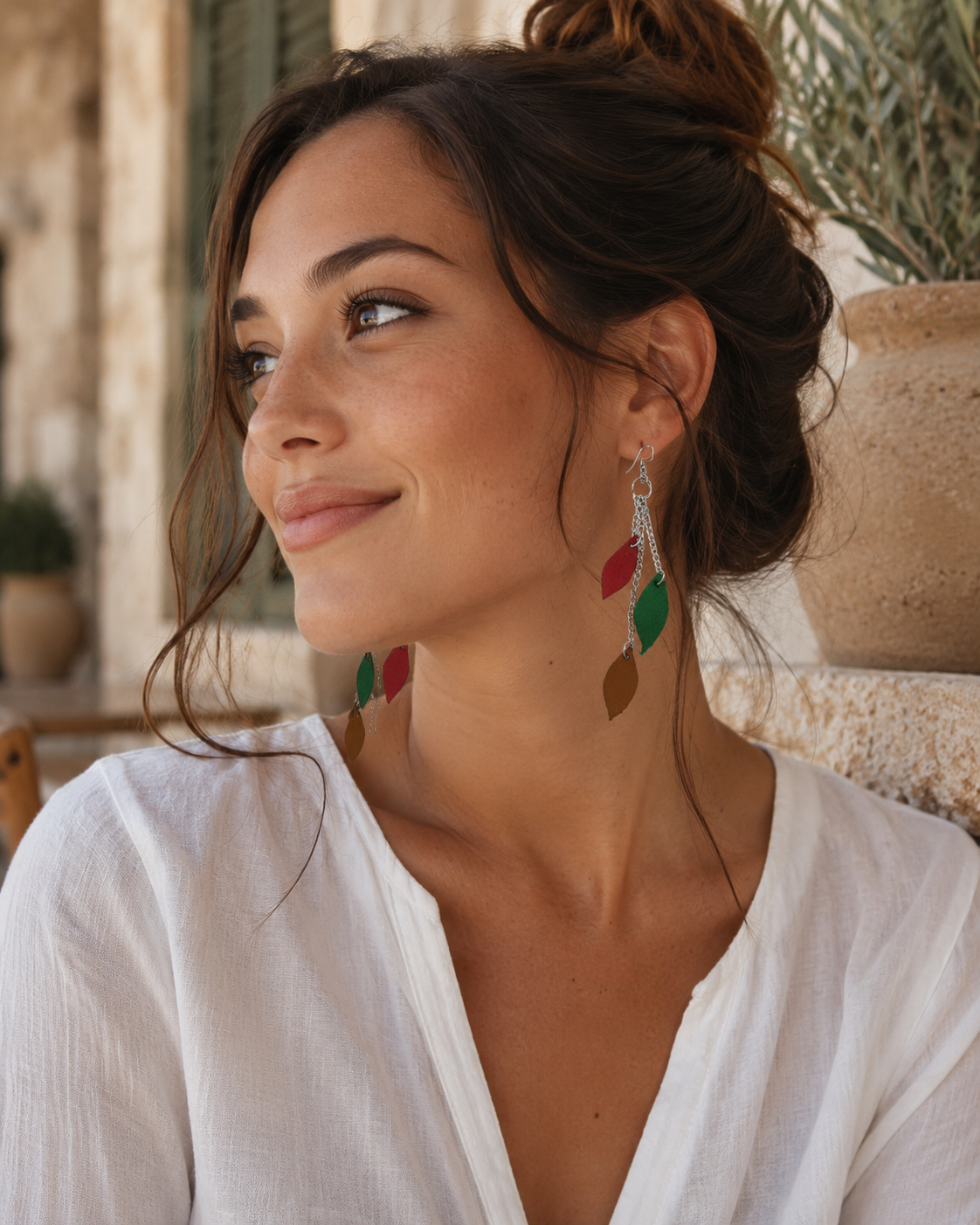 The Laurel Earrings multicolor leather leaf drop earrings view 3