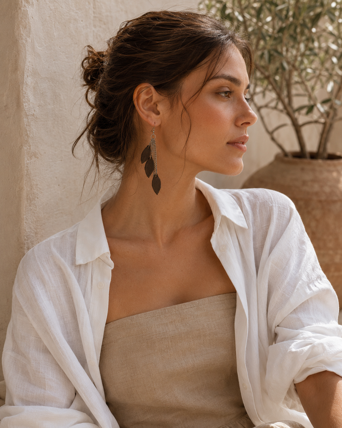 Alba Earrings dark brown leather leaf drop earrings view 3