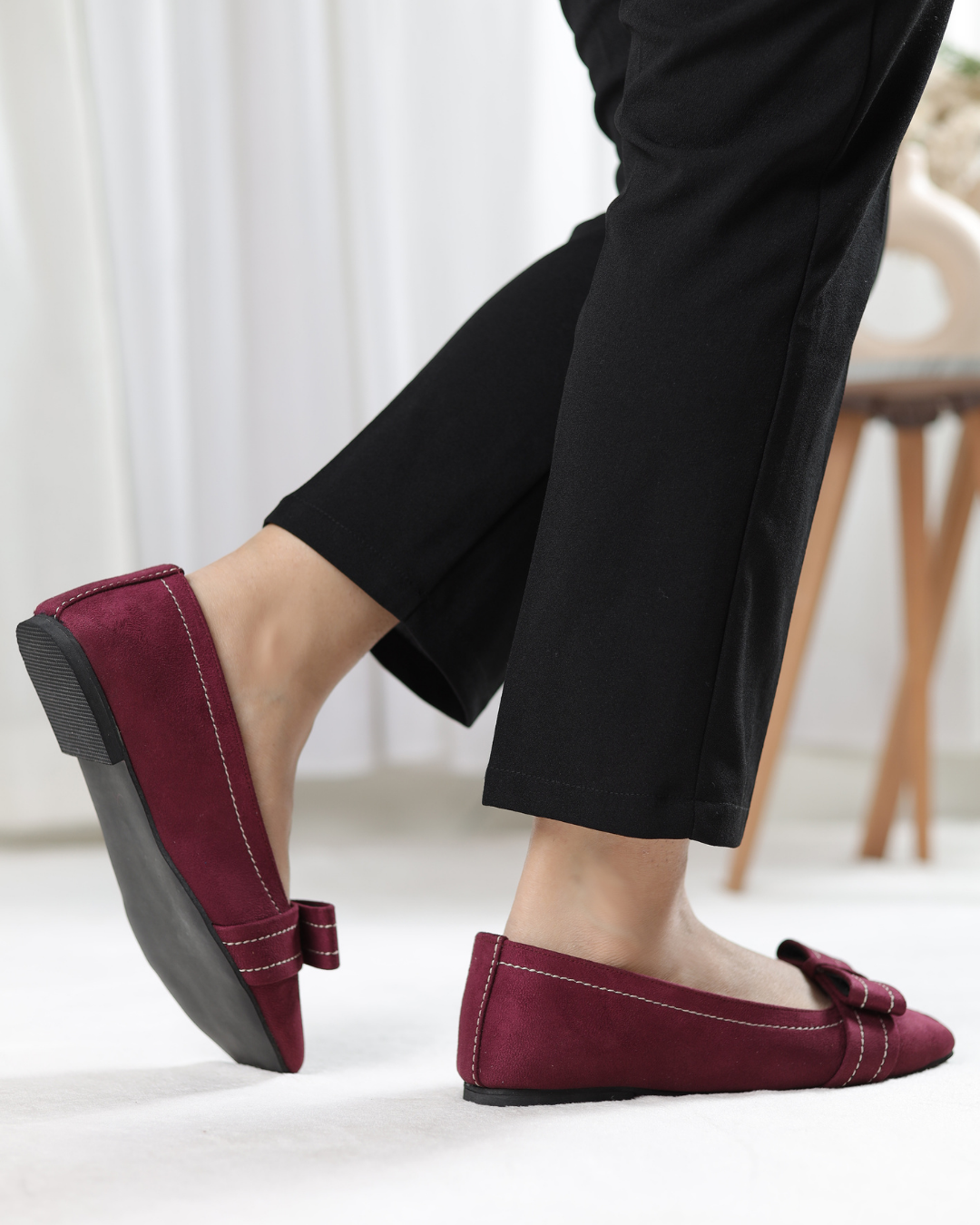 Burgundy Velour Bow Flats