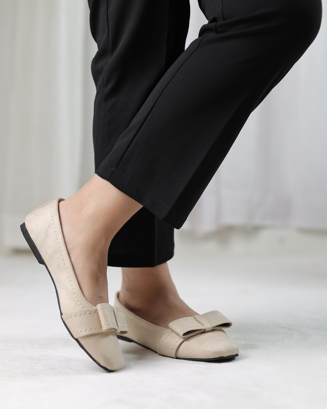 Beige Velour Bow Flats