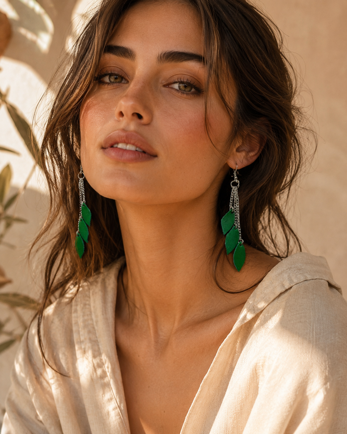 Jade Earrings green leather leaf drop earrings view 4