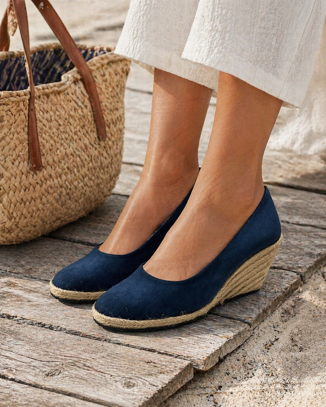 The Mara Wedge - Navy Blue faux suede espadrille heel in Navy Blue - product view 1