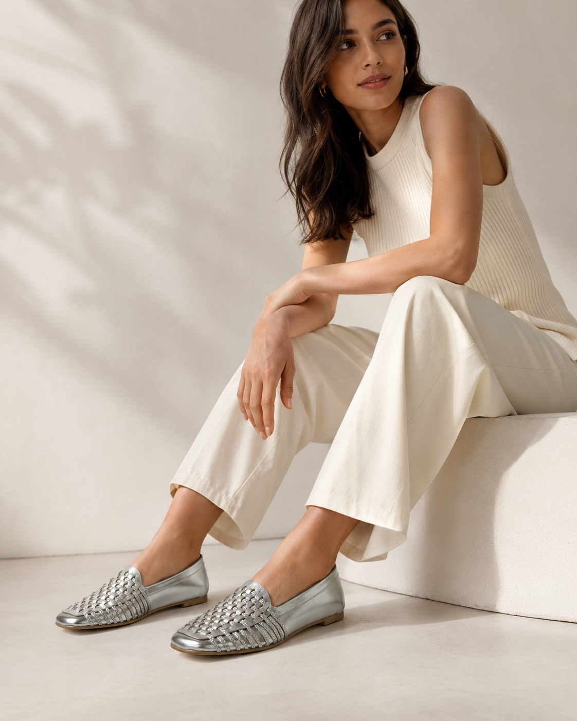 The Romy Woven Loafer - Silver slip-on flats with cream outfit