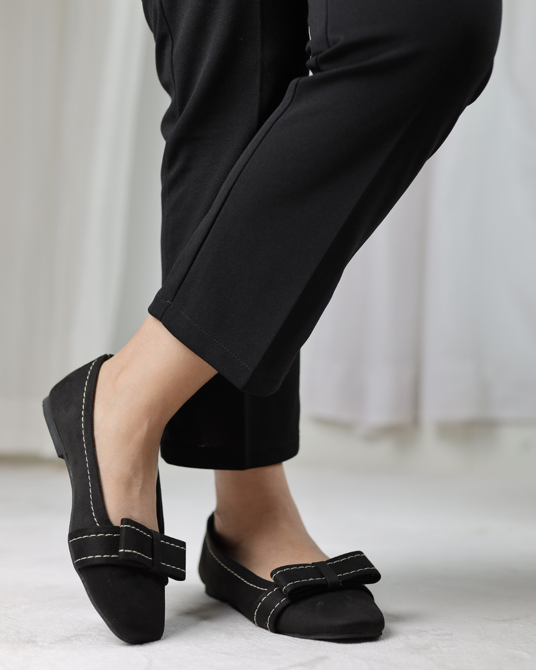 Black Velour Bow Flats