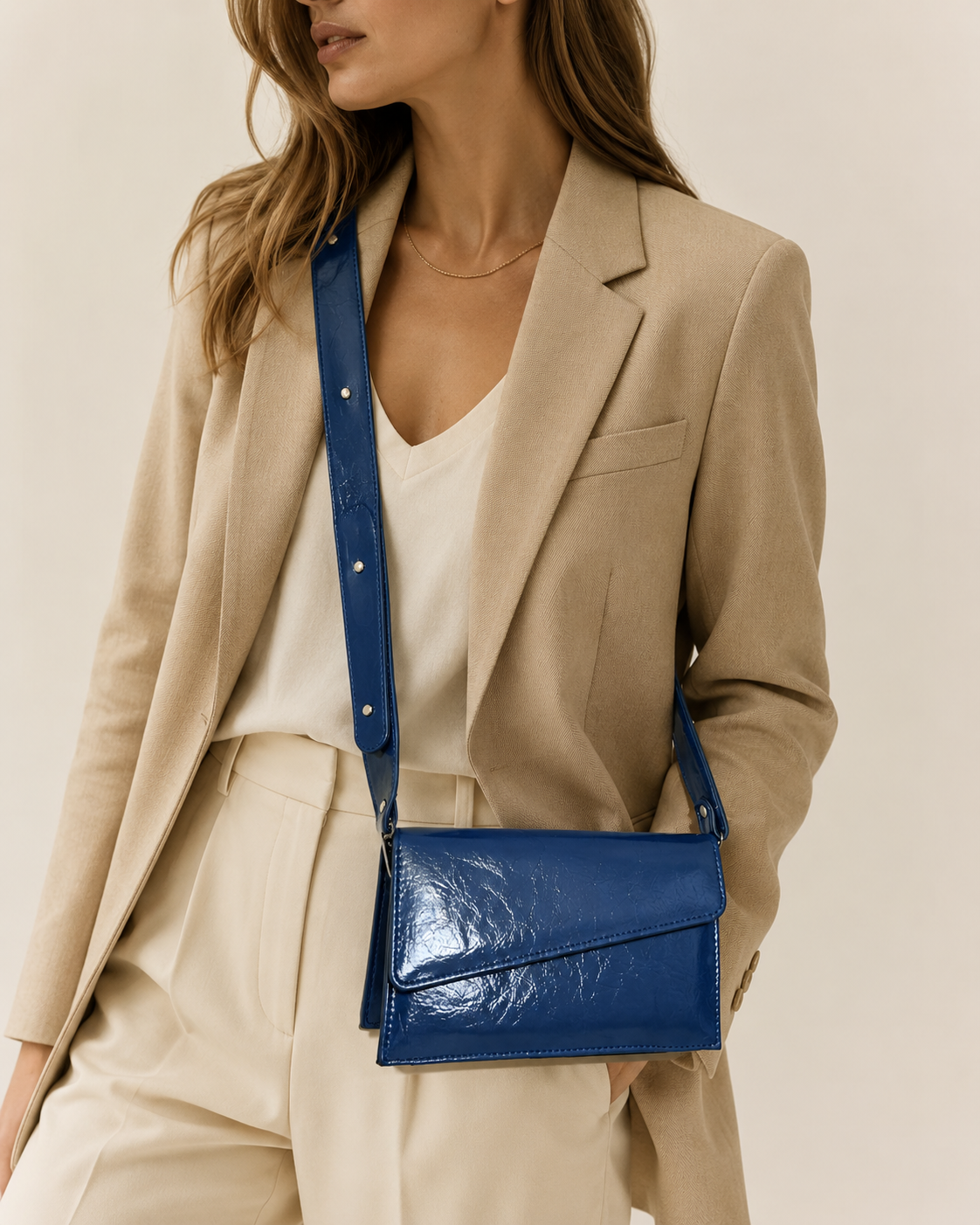 The Celine - Navy Blue glossy navy blue crackled shoulder bag view 4