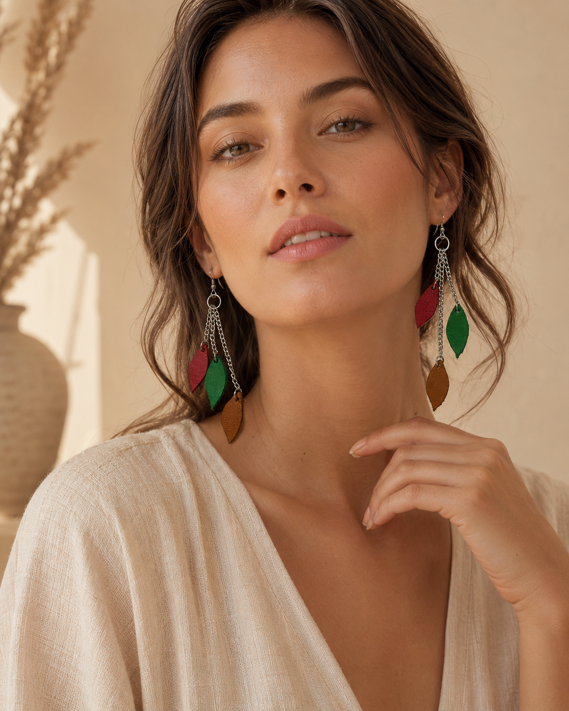 The Laurel Earrings multicolor leather leaf drop earrings view 4