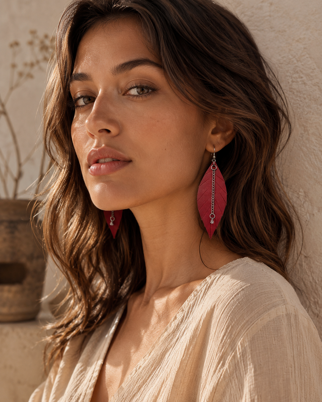 Forest Ripple Earrings burgundy ripple leaf drop earrings view 4